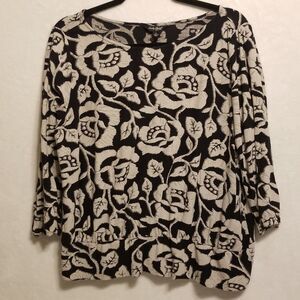 Lucky Brand L Top Black Gray Floral 3/4 Sleeve Flowy Boho Cottagecore Western
